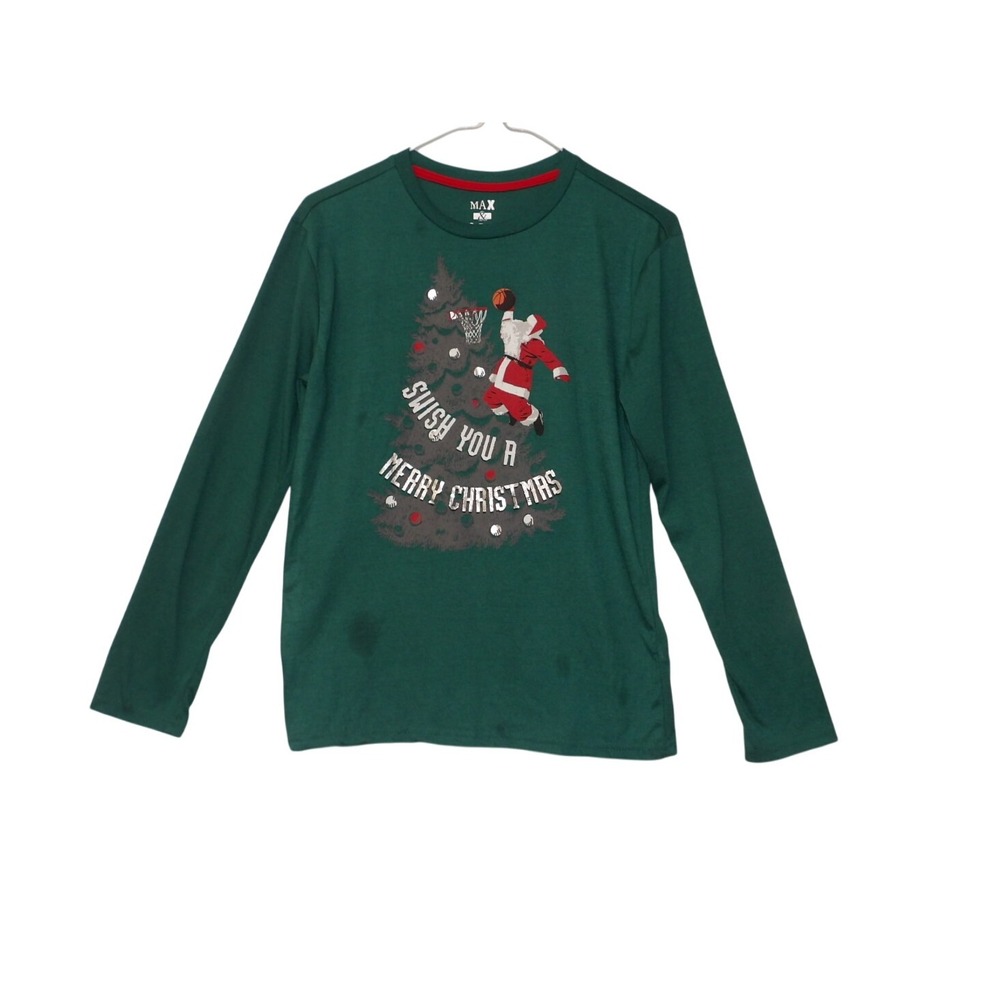 MAX Boys Christmas Shirt Green Santa Basketball Long Sleeve Holiday Top XL